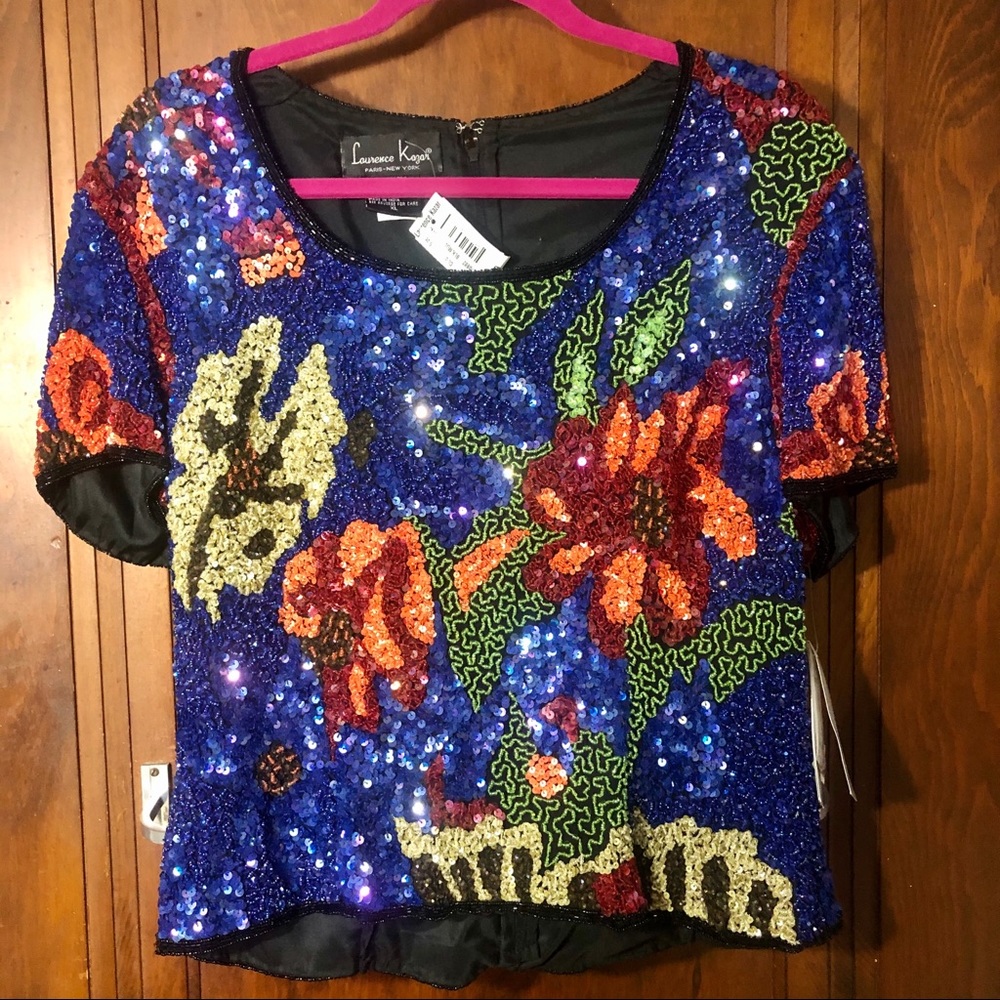 NWT Laurence Kazar sequin colorful shortsleeve top